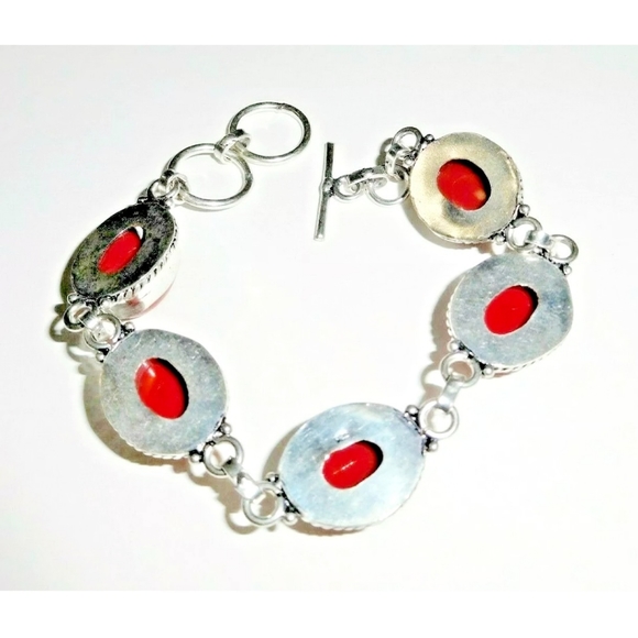 Natural Italian Red Coral 925 Silver Bracelet - Picture 2 of 6